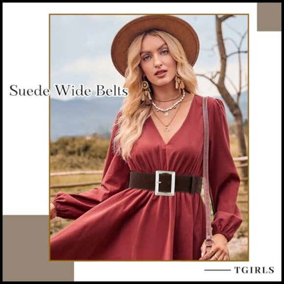 Wide Suede Leather Belt with Alloy Buckle for Dresses main image 5